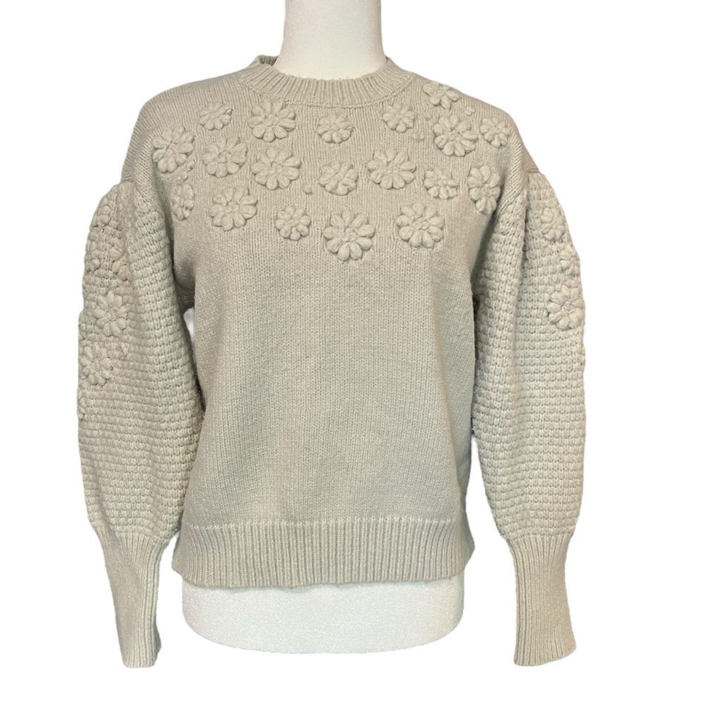 Tea n Rose Floral Embroidered Puff Sleeve Sweater Neutral Taupe Womens Medium